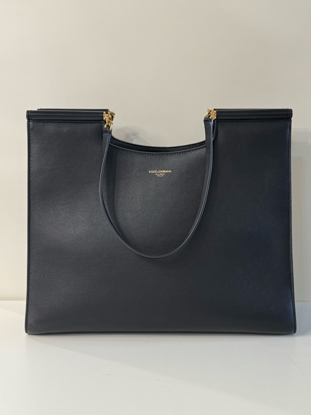 NWT - Dolce & Gabbana Smooth Black Leather Tote with Gold Hardware